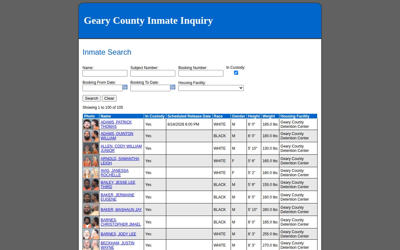 Official Geary County busted mugshots inmate roster search form